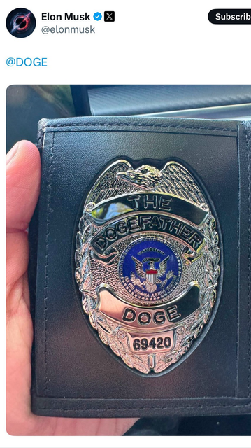 Twitter post by Elon musk, tagging DOGE and displaying a photo of a badge that reads THE DOGEFATHER