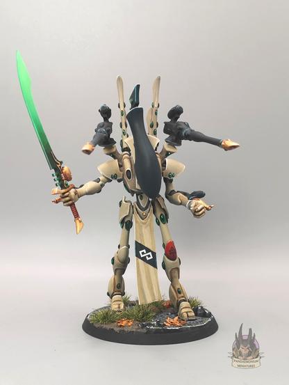 Wraithlord armed with two shoulder mounted brightlances, two wrist mounted flamers and a large sword with a glowing green blade