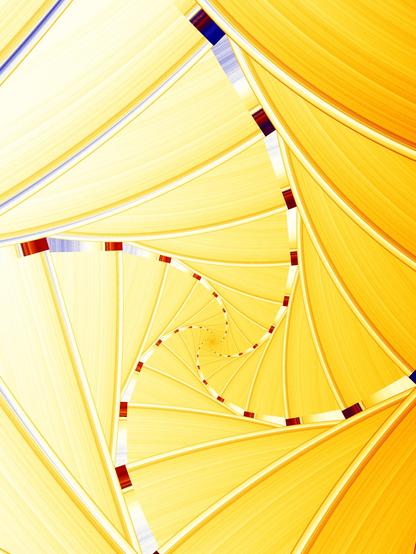 Spiral fractal in pale yellow made of curved triangles bordered in white blue and dark red.
