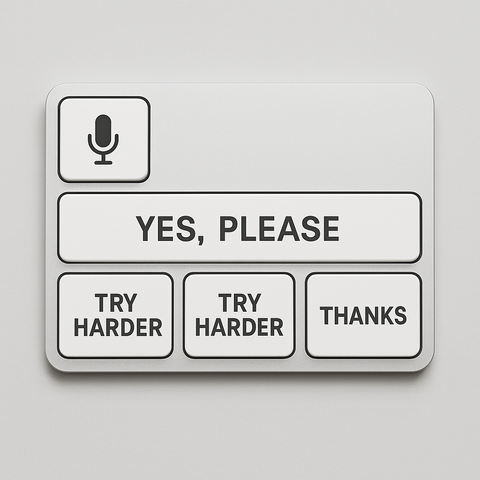 Vibe Coder's Keyboard mit nur den Tasten "Mik" "Yes, please" "Try harder" "Try harder" "Thanks"