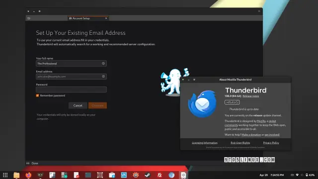 Screenshot of Thunderbird 138 showing the main window while setting up a new email account and the About Mozilla Thunderbird dialog.