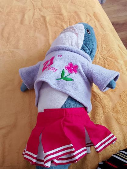 This image shows a blahaj dressed in a shirt and skirt that says 21st birthday