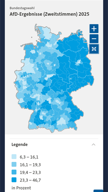 A map of Germany, showing election results for the AfD by voting districts in various shades of blue. A large portion of districts show deep blue hues, indicating massive wins for them.
