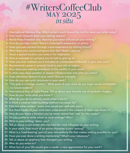 It’s a list of prompts for the hashtag game #WritersCoffeeClub for May of 2025 on a colorful, pink-to-dark-green splotchy background. The full list of prompts can be found at the link included in the post.