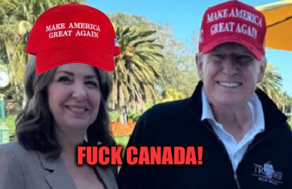 "Fuck Canada"
Fascists danielle smith and trump wearing MAGA hats (superimposed on traitor smith) at Mar a Lago Nazi HQ