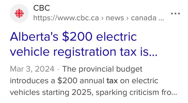 CBC
Alberta's $200 electric vehicle registration tax is...
Mar 3, 2024 • The provincial budget introduces a $200 annual tax on electric vehicles starting 2025, sparking criticism