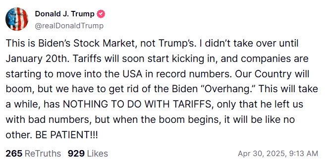 Trump blames Biden for economic downturn caused by his tariffs