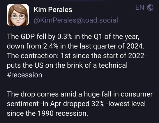 The GDP fell by 0.3% in the Q1 of the year, down from 2.4% in the last quarter of 2024.
The contraction: 1st since the start of 2022 - puts the US on the brink of a technical #recession.
The drop comes amid a huge fall in consumer sentiment -in Apr dropped 32% -lowest level since the 1990 recession.