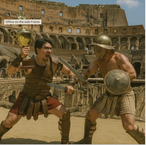 J Badillo engages in gladiatorial combat with an opponent, holding off his adversary with a short sword while wielding the Cardozo Cup as a cudgel.