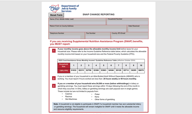 snap reporting form. .
If you are receiving Supplemental Nutrition Assistance Program (SNAP) benefits, 
you MUST report:
If your monthly income goes above the allowable monthly income limit before taxes for your 
household size. Please refer to the Income Guideline Reference table below, which calculates the allowable 
monthly income limit based on your household size and the Federal Poverty Guideline (FPG).
Note: A household is not eligible to participate in SNAP if a household member has won substantial lottery
 or gambling winnings. The household will remain ineligible for SNAP until it meets the allowable income 
and resource eligibility requirements.
If you or a member of your household is an Able-Bodied Adult Without Dependents (ABAWD) who is 
working. You must report if hours worked are less than: 20 hours weekly or 80 hours monthly.
If you or a member of your household wins $4,500 or more (before withholdings) in lottery or 
gambling winnings. You must report these winnings within 10 days following the end of the month in 
which they occurred. In Ohio, lottery or gambling winnings are cash payouts won in single games. 
These include but are not limited to payouts from: 
• Casinos
• Racinos
• Slot Machines
• Poker
• Keno
• Other forms of gambling.
2025 Food Assistance Gross Monthly Income* Guideline Reference Table (effective October 2024)
Household 
Size
130% FPG
1 2 3 4 5 6 7 8 9 10
$1632 $2215 $2798 $3380 $3963 $4546 $5129 $5712 $6295 $6878