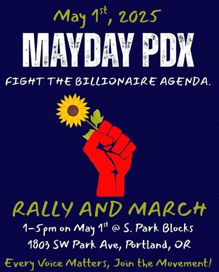 May Day flyer featuring white and yellow info text on marine blue background with illustration in center of raised clenched red hand  grasping a sunflower