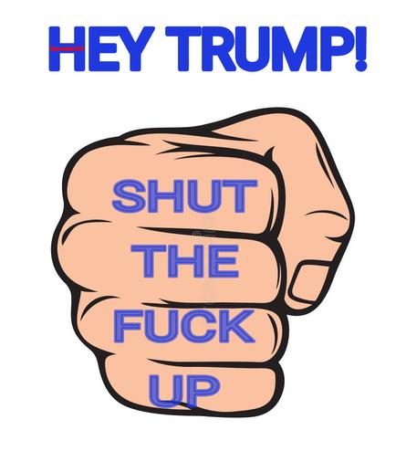 Below the heading "HEY DONALD",
A fist, with the words "SHUT THE FUCK UP" printed on it, one word per finger, in blue ink.