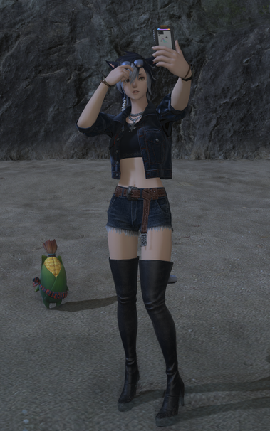 A blue-haired miqo'te, holding out her tomestone with one hand and adjusting her bangs with the other.