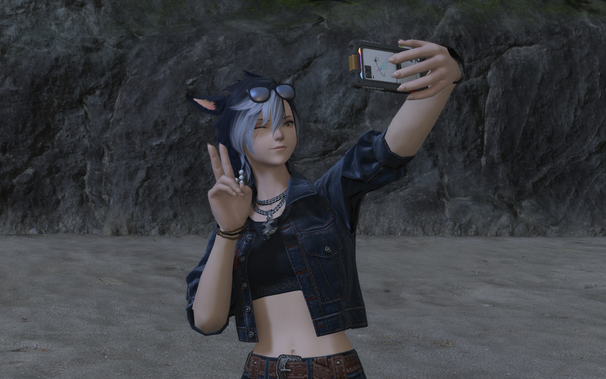 A blue-haired miqo'te, holding out her tomestone with one hand and throwing up a peace sign with the other. She is looking at the tomestone, winking.