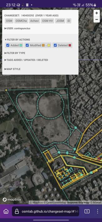 Screenshot of Changeset Map, visualizing the changes made against a satellite imagery background. The main focus is the addition of a large park, its walking paths, and its entrances. Improvements to the building geometries in Deshbandhu Apartments are also visible.
