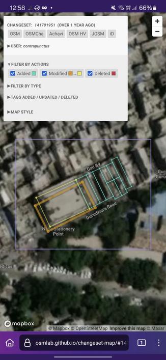 Screenshot of Changeset Map, visualizing the changes made against a satellite imagery background. I've traced 8 buildings (shown as blue polygons) near Maruti Apartment. Somehow, they're much more square than the crooked ones I traced earlier, even though I was using the same editor as before.