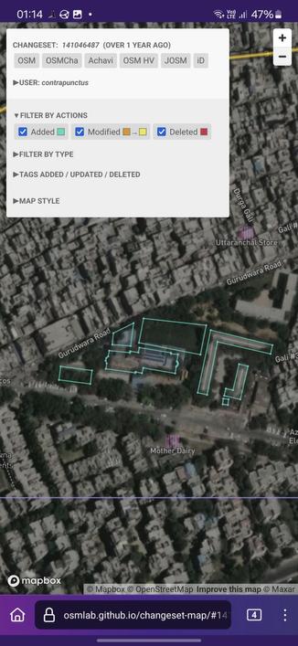 Screenshot of Changeset Map, visualizing the changes made against a satellite imagery background. I've mainly added 5 buildings (shown as blue polygons) which are part of Mayur Public School and the nearby government school. I've also added a skating rink and a sports pitch (both also shown as blue polygons) in the former.