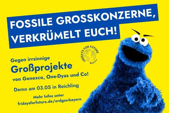 Sharepic zur Demo am 3.5. in Reichling: "Fossile Großkonzerne verkrümelt euch!" sagt das Krümelmonster.