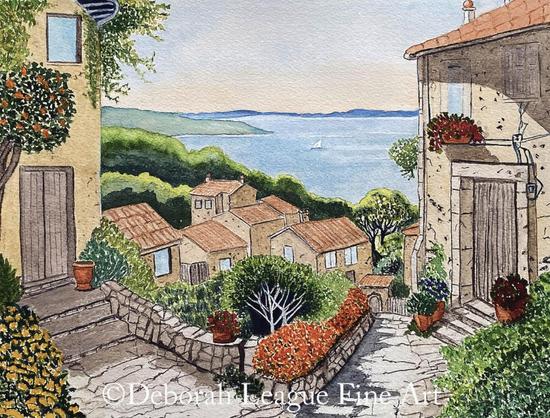 View to lake Garda from a pretty hillside village. Traditional Italian homes overlook beautiful lake Garda in the distance. Stone pathways are lined with vibrant flowers, and the villas are surrounded by lush greenery. On the lake, a lone sailboat traverses the calm water. Shadows and light play against the buildings and plants in the landscape.

This watercolor painting showcases the breathtaking beauty of a hillside village nestled above Lake Garda, Italy. Enjoy the serene charm of Italian architecture framed by rolling hills, lush greenery, and the tranquil waters of a lake.  This artwork brings the peaceful ambiance of Italian life into any space, making it the perfect addition to your home or office decor.

Ideal for art lovers who appreciate Italian landscapes, Mediterranean charm, or the serene vibes of European lakeside villages.