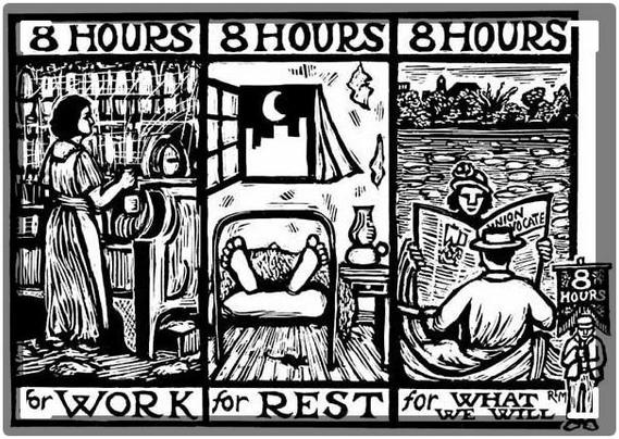 Poster promoting the 8-hour workday, in 3 panels. First panel shows a woman in an apron and says, “8 hours for work.” Second panel shows someone in bed, window open, moon visible. It says “8 hours for rest.” Third panel shows a man and a woman in a boat, with a newspaper, and says: “8 hours for what we will.”