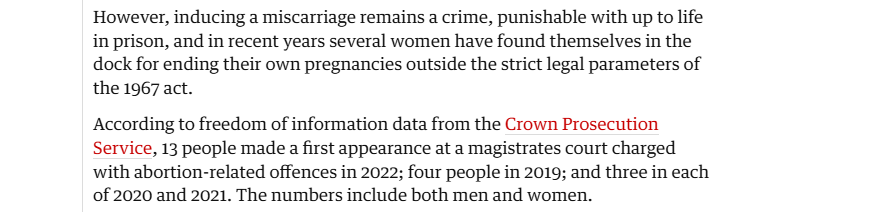 However, inducing a miscarriage remains a crime, punishable with up to life
in prison, and in recent years several women have found themselves in the
dock for ending their own pregnancies outside the strict legal parameters of
the 1967 act.

According to freedom of information data from the Crown Prosecution
Service, 13 people made a first appearance at a magistrates court charged
with abortion-related offences in 2022; four people in 2019; and three in each
of 2020 and 2021. The numbers include both men and women.