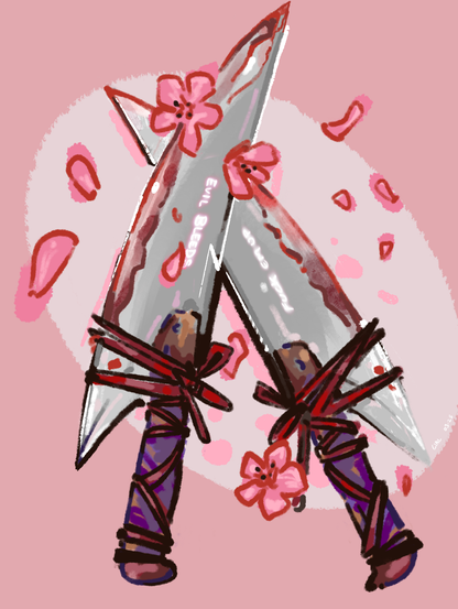 digital art by me of two crossed, rustic looking knives with their blades bound to their handles with decorative rope. cherry blossom petals fall around them. there's some empowering antifascist text written small on the knives, like 'evil bleeds so fuck em up' or something