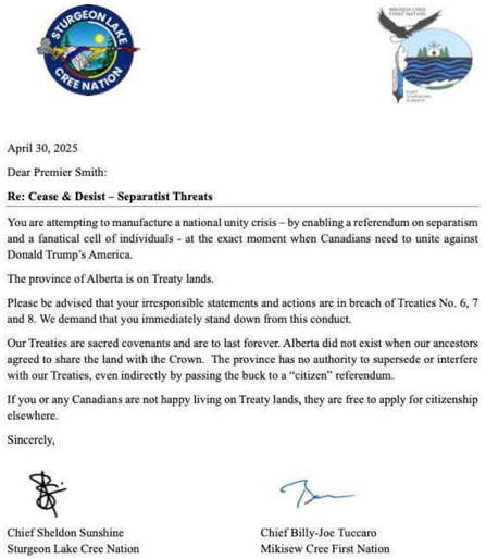 🇨🇦 Letter to Danielle Smith from Sturgeon Lake Cree Nation | Mikisew Cree First Nation

https://old.reddit.com/r/alberta/comments/1kc93nk/a_letter_to_danielle_smith_from_sturgeon_lake/#bottom-comments
https://mikisewcree.ca
https://www.sturgeonlake.ca

🇺🇲 🇬🇧 🇨🇦 #Christofascism #transgenocide
#Poilievre #DanielleSmith #ScottMoe

🏳️‍⚧️ #TransLivesMatter  #BlackTransLivesMatter #TransRights
https://mastodon.social/@persagen/114186381298087870

#Indigenous #TRCC #solidarity #Cree #CreeNation #IndigenousRights #TreatyRights