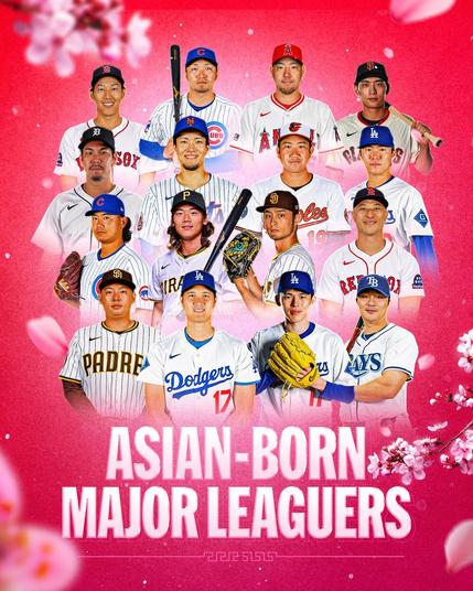 Asian-Born Major Leaguers
Pictured against a reddish-pink background outlined with flowers are headshots of Masataka Yoshida (BOS), Seiya Suzuki (CHC), , Yusei Kikuchi (LAA), Jung Hoo Lee (SF), Kenta Maeda (DET), Kodai Senga (NYM), Tomoyuki Sugano (BAL), Yoshinobu Yamamoto (LAD), Shota Imanaga (CHC), Ji Hwan Bae (PIT), Yu Darvish (SD), Rob Refsnyder (BOS), Yuki Matsui (SD), Shohei Ohtani (LAD), Roki Sasaki (LAD), and Ha-Seong Kim (TB)