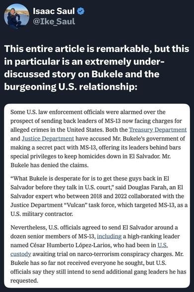 A tweet by Isaac Saul discussing concerns from U.S. law enforcement regarding the potential repatriation of MS-13 leaders to El Salvador. It highlights accusations against President Bukele for making secret agreements with the gang and quotes an expert on the situation.