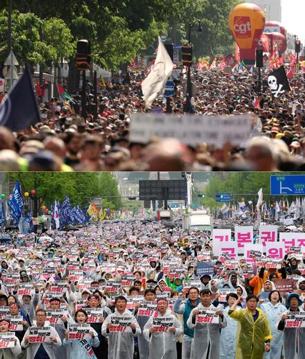 2 large crowds in the streets