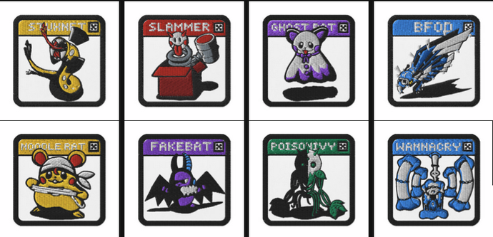 Embroidered patches featuring cartoon-like illustrations of malware families, known as Malmons. Malmons are the creation of World Cyber Health's founder and chair, Lena Yu.