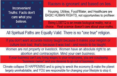 An American Flag graphic with the following words superimposed:
In the blue starry field: Inconvenient Truths: Facts don't care what you believe.

On the red and white stripes, in order:
Racism is ignorant and based on lies.
Housing, Utilities, Food/Water, and Healthcare are BASIC HUMAN RIGHTS, not opportunities to profiteer.
Being LGBTQ is an innate biological reality, not a choice. Real Science doesn't care about your myths.
All Spiritual Paths are Equally Valid. There is no "one true" religion.
If you don't want accurate history taught because it makes your religion or culture look bad, that's because it was bad - and needs to be taught.
Women are not property or livestock. Women have an absolute right to an abortion and contraception. Mind your own business.
If your business can't pay living wages to your employees, you are cosplaying "business owner' and you deserve to go out of business.
Climate collapse IS HAPPENING and is going to wreck the economy & make the planet largely uninhabitable, and YOU are responsible for changing your lifestyle to stop it.