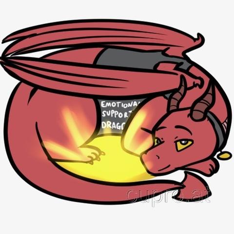 A cartoon red dragon is curled up, wearing a vest that reads "EMOTIONAL SUPPORT DRAGON."
