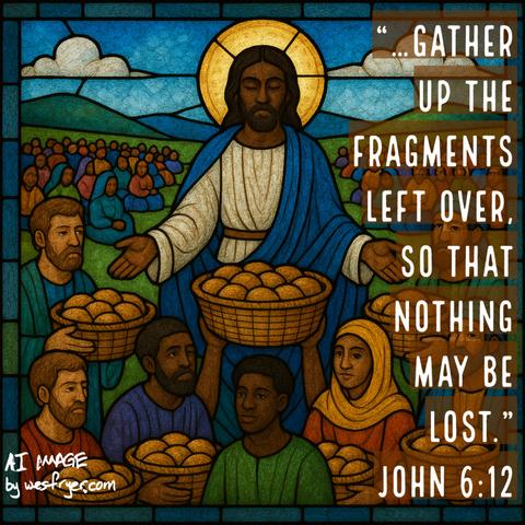 A stained glass depiction of Jesus distributing baskets of bread to a diverse crowd. The scene includes multiple individuals, both men and women, receiving the bread. A biblical text from John 6:12 is incorporated into the image.