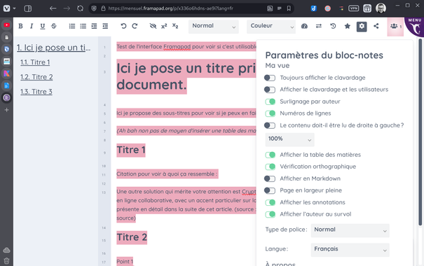 Interface de FramaPad ouverte, sur fond clair, avec le menu des réglages ouvert sur la gauche de la page.