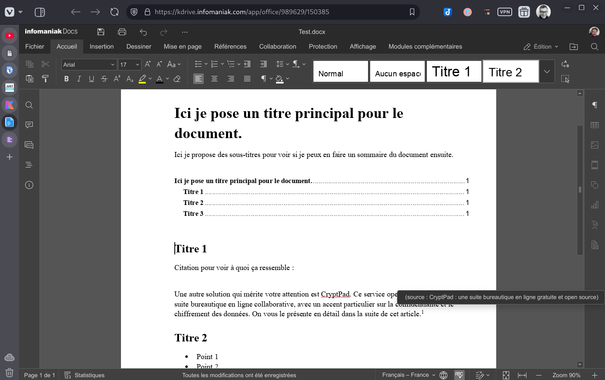L'interface de la kSuite d'Infomaniak, avec une page nouvelle ouverte, c'est la solution qui ressemble le plus à un Word classique.