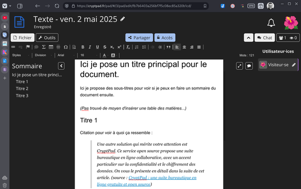 L'interface de CrypPad ouverte, sur fond sombre, la page restant blanche.