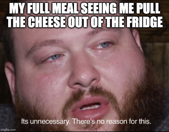 action bronson crying saying "its unnecessary. there's no reason for this"
caption "my full meal seeing me pull the cheese out of the fridge"