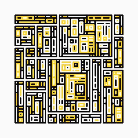 Abstract composition, rectangles packed recursively. White background. Black, white or yellow rectangles. Rounded corners and thin margins in between them, at all levels.