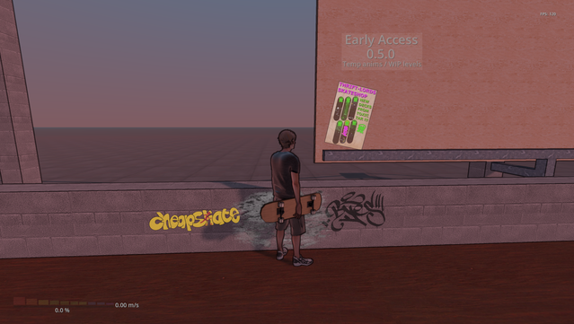 screenshot of the skater standing next to a fake skateshop poster in the game