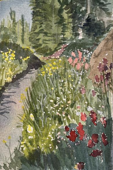 A narrow path winds through a dense patch of wildflowers and tall grasses, bordered by towering trees and a rocky slope in the background.