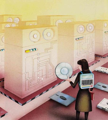 Woman examining computer components in a retro data center.