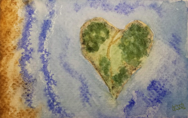 Watercolor of a heart shaped, tree-covered island with small roads off the coast of the mainland, as seen from above.