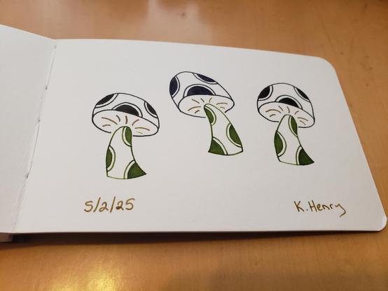 Hand drawn generative art in ink on an open page of my sketchbook. The abstract pattern looks like mushrooms with polka dots on the stems and caps.