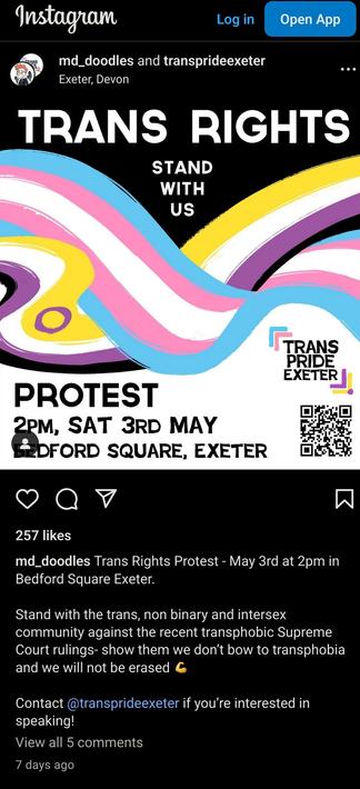 Screenshot of Instagram post with details as per toot. Background is swirling banners in colours of trans, non binary & intersex intertwined