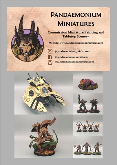 Advertisement image for my miniature painting and scenery building service, with my website details www.pandaemoniumminiatures.com plus socials links and examples of my work