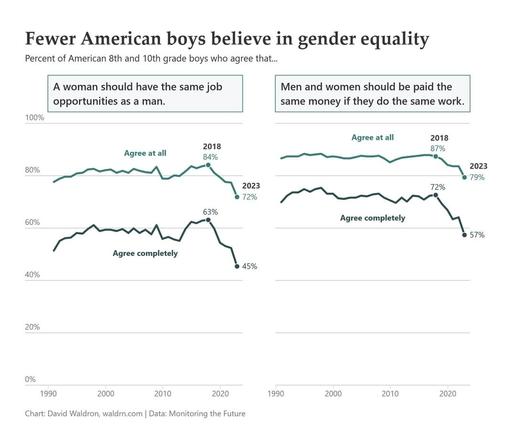 [OC] Fewer American boys are supporting gender equality