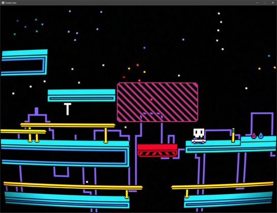 A 2D pixel art game is on screen. There is a skateboarding skeleton sitting still. On screen is a pinkish wall that the player can ride, yellow rails that the player can grind, and a red moving platform.