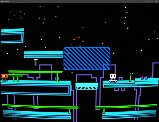 A 2D pixel art game is on screen. There is a skateboarding skeleton sitting still. It is the same scene as the first picture, but with some colors changed. The pinkish wall is now blue, the yellow rail is now green, and the moving platform is teal. This is showcasing an accessibility option to change the colors of important objects in the environment.