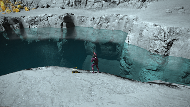 A character in a metallic red sci-fi spacesuit standing on a moon-like surface. There's a pool of water in front of them, and they are reeling in a fishing line